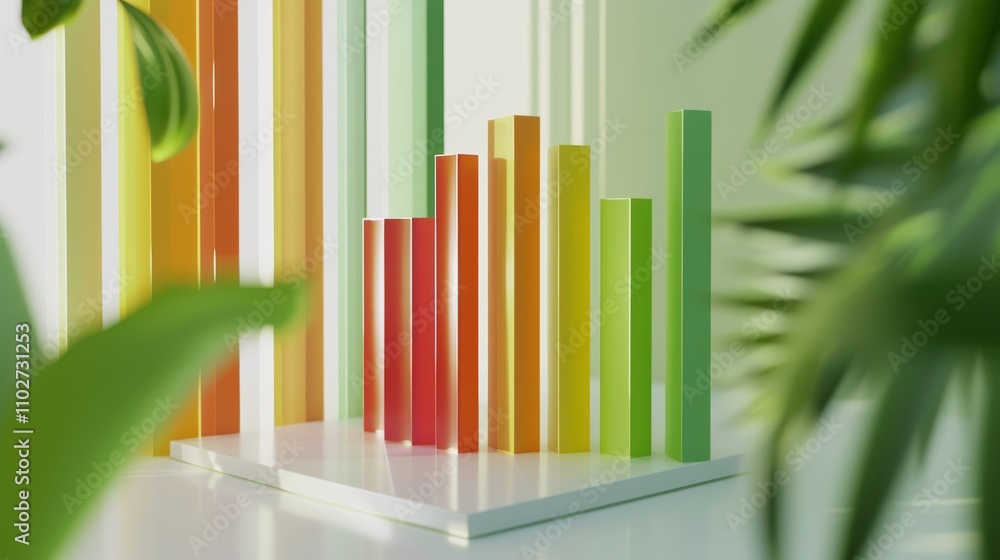 Obraz premium A vibrant 3D bar chart in shades of orange, yellow, and green stands in a minimalistic environment, framed by out-of-focus green leaves, creating a fresh and organic feel. AI generated.
