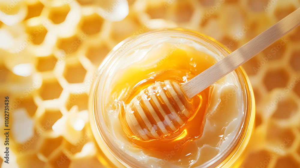 Golden honey in a jar with a honey dipper, set against a blurred background of honeycomb. Sweet, natural, and delicious! Golden honey in a jar with a honey dipper, set against a blurred background of honeycomb. Sweet, natural, and delicious!