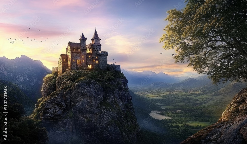 medieval stone castle on rocky cliff with lush mountains and pastel sky medieval stone castle on rocky cliff with lush mountains and pastel sky