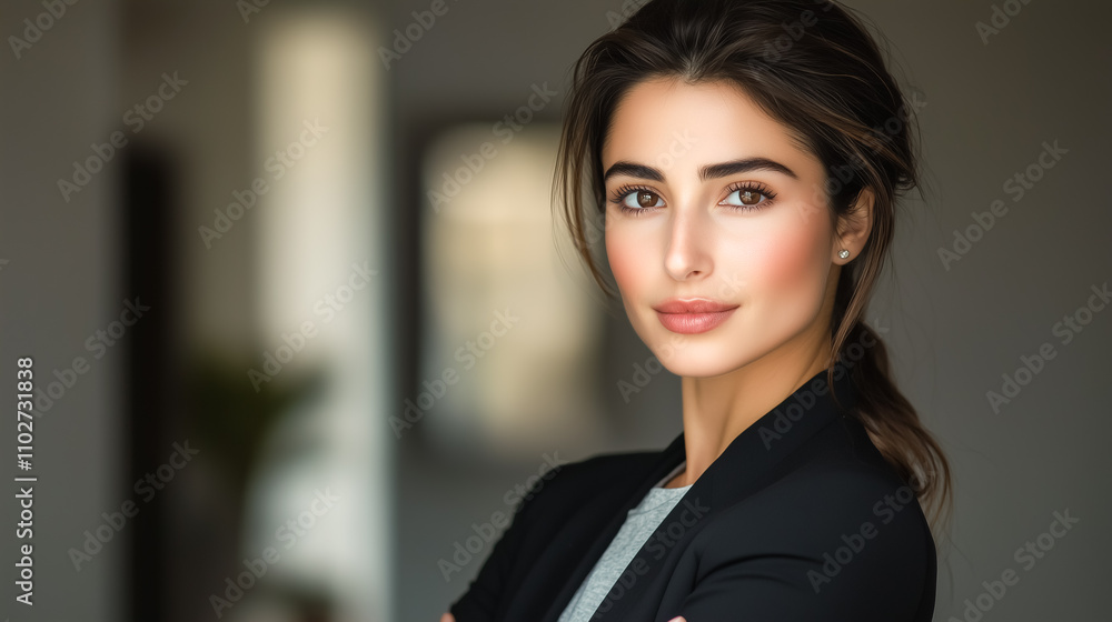 Fototapeta premium A confident businesswoman in a sleek black blazer exudes elegance and leadership, standing poised in a professional setting with a warm yet determined expression.