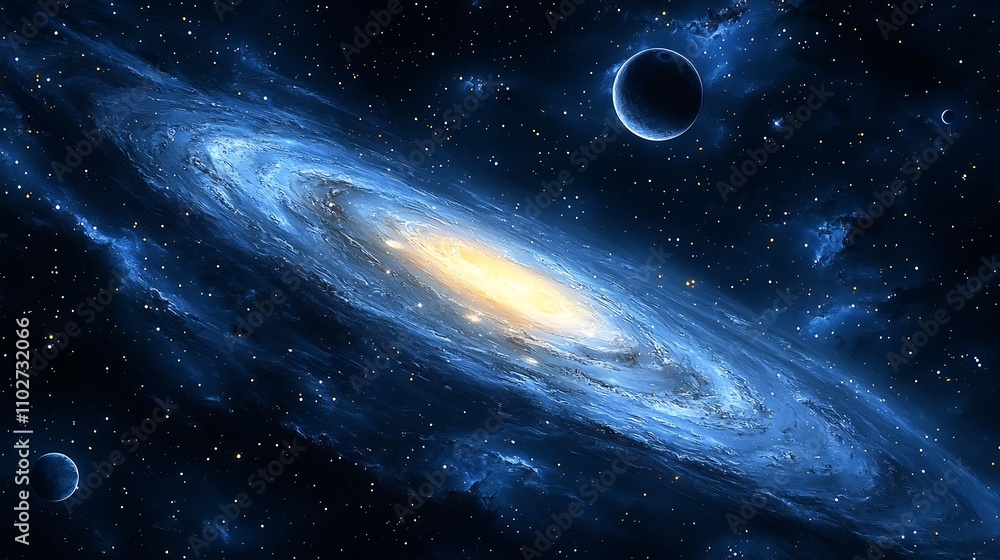 Fototapeta premium Breathtaking Galactic Nebula in Starry Night Sky with Floating Planets and Celestial Bodies