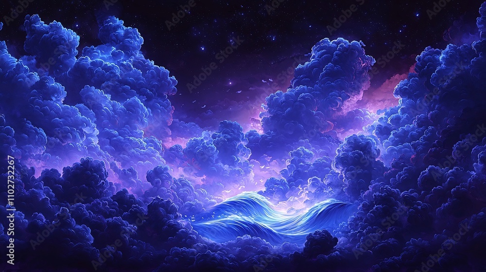 Mystical Celestial Landscape with Swirling Clouds and Glowing Stars in the Night Sky Mystical Celestial Landscape with Swirling Clouds and Glowing Stars in the Night Sky