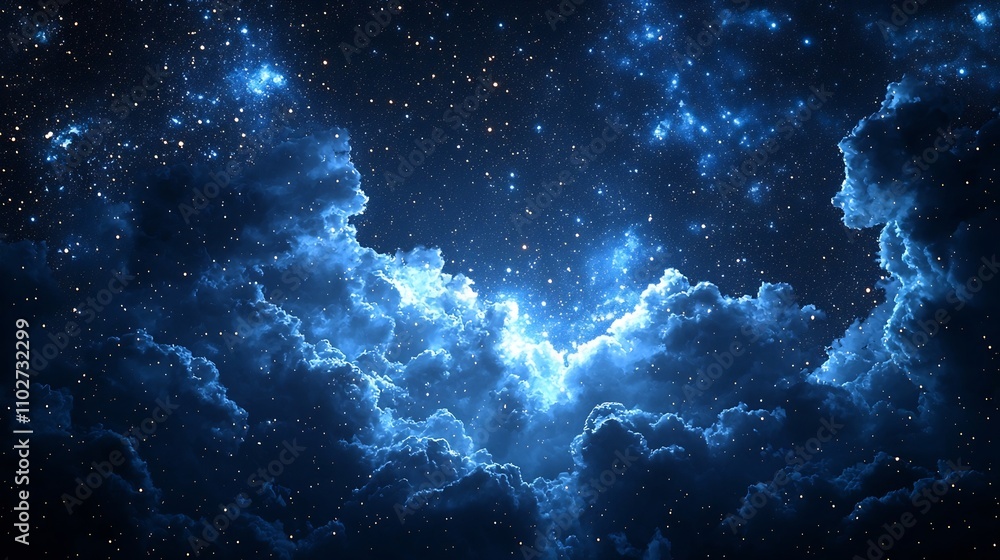 Magical Starry Night Sky with Dramatic Swirling Cloudy Nebulae and Glowing Galaxies Magical Starry Night Sky with Dramatic Swirling Cloudy Nebulae and Glowing Galaxies