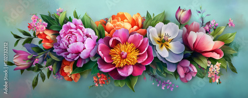 Vibrant floral arrangement featuring peonies, tulips, and other blooms.