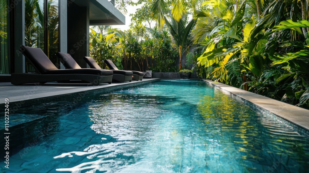 Fototapeta premium Luxury lifestyle pool with infinity edges, surrounded by stylish loungers and tropical plants
