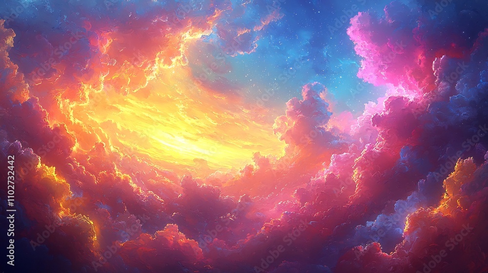 Naklejka premium Dramatic Stormy Clouds with Fiery Lightning Bursts in Vibrant Celestial Sky