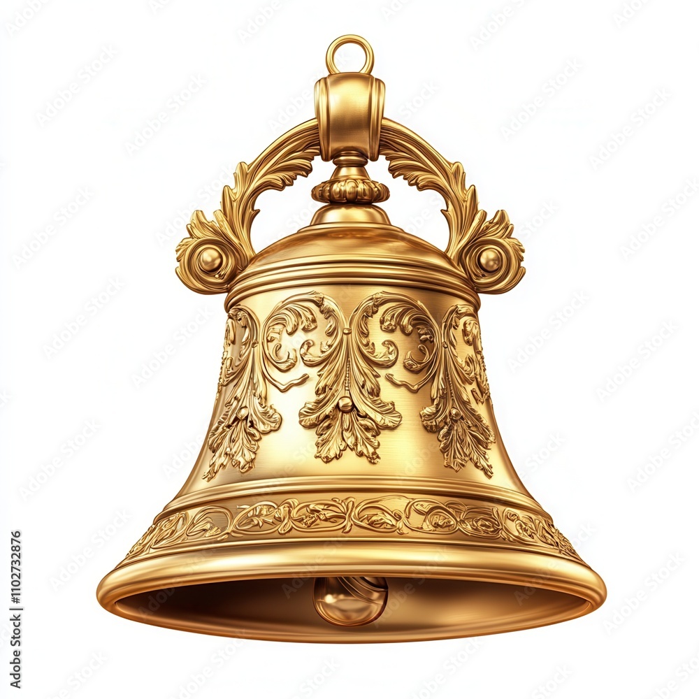 Ornate golden bell with intricate floral designs on white background. Ornate golden bell with intricate floral designs on white background.