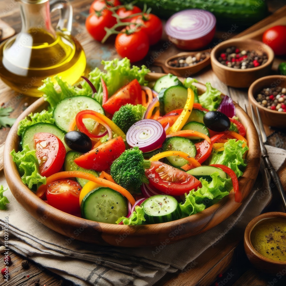 Fresh salad with bright vegetables on a wooden table, with a drop of olive oil. Fresh salad with bright vegetables on a wooden table, with a drop of olive oil.