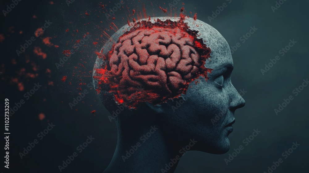 Obraz premium Abstract Brain Deterioration Concept Art - Human Head with Crumbling Brain and Red Particle Spread