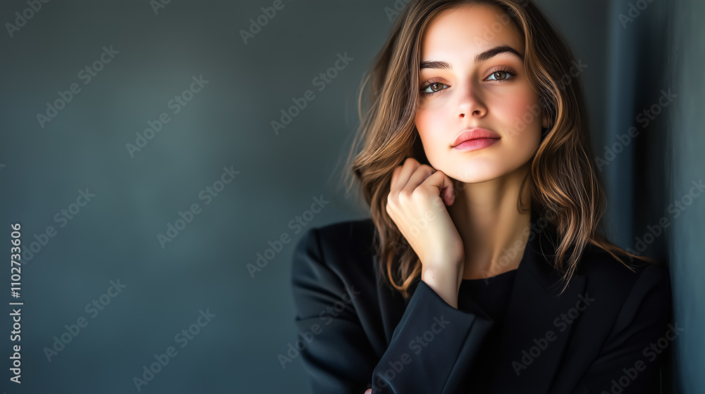 A captivating portrait of a confident woman in a black blazer, resting her hand on her face, showcasing her flawless skin, bold brows, and expressive eyes against a textured dark background. A captivating portrait of a confident woman in a black blazer, resting her hand on her face, showcasing her flawless skin, bold brows, and expressive eyes against a textured dark background.