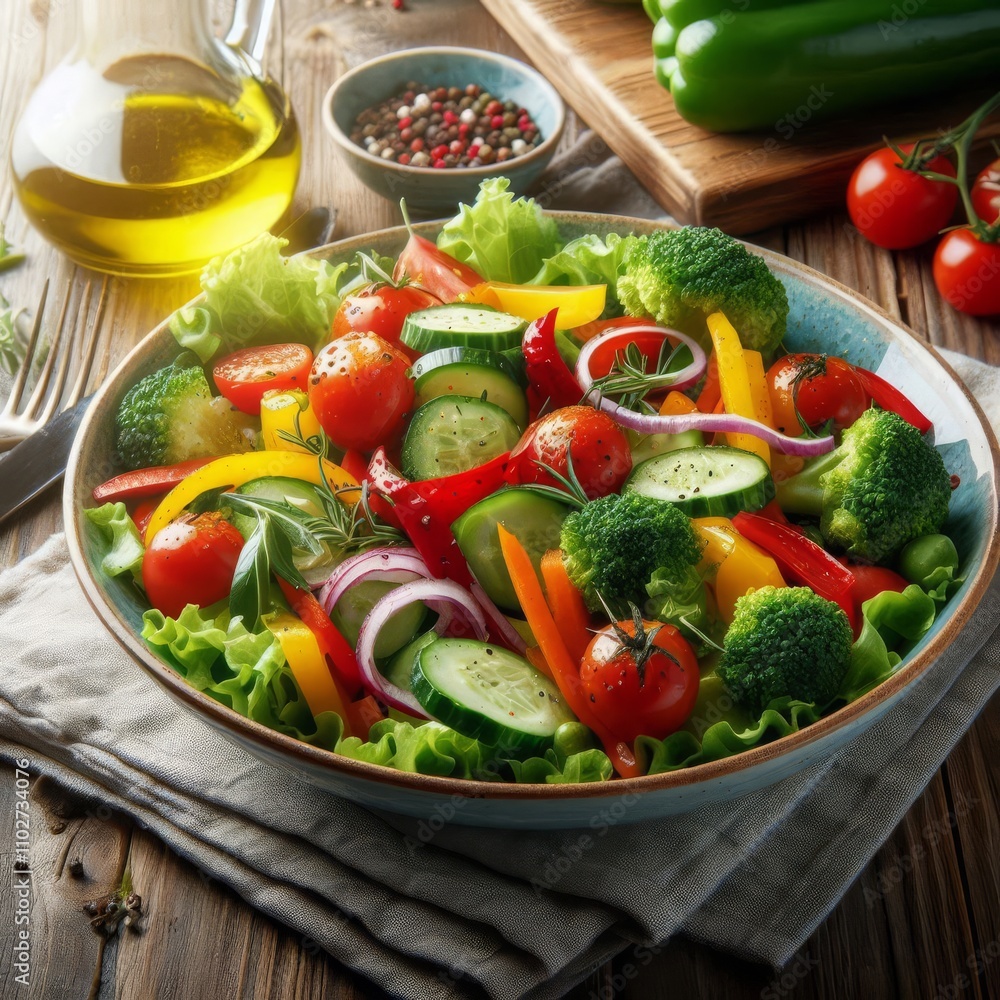 Fresh salad with bright vegetables on a wooden table, with a drop of olive oil. Fresh salad with bright vegetables on a wooden table, with a drop of olive oil.