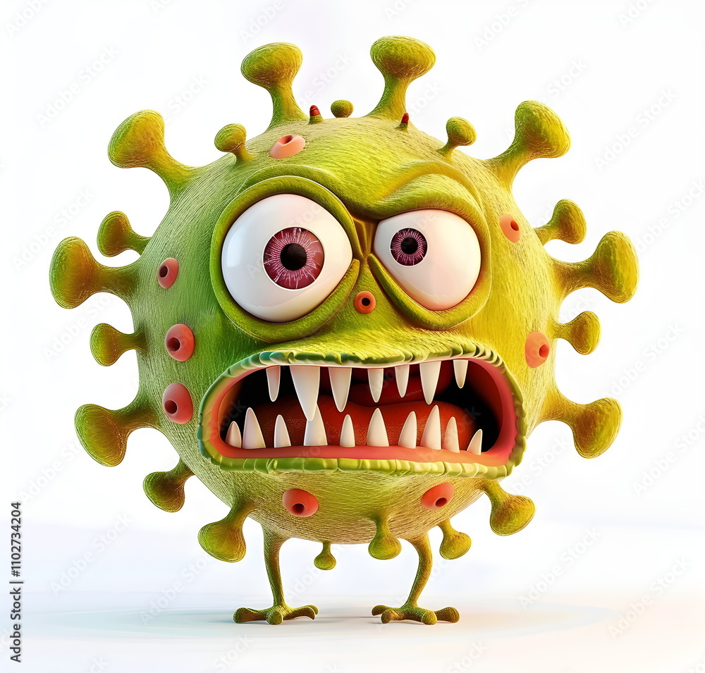 Fototapeta premium Corona emoji. Coronavirus illustration. Green scared Covid virus on white background