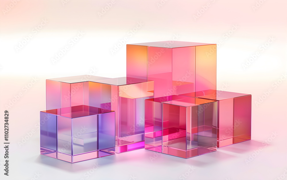 Abstract geometric background. Glass geometric shapes on neon background. Transparent glass background for product display Abstract geometric background. Glass geometric shapes on neon background. Transparent glass background for product display
