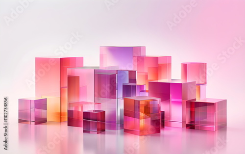 Abstract geometric background. Glass geometric shapes on neon background. Transparent glass background for product display