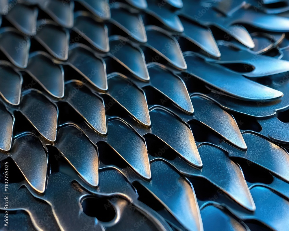 Fototapeta premium A close-up of metallic scales arranged in an overlapping pattern, showcasing a blend of blue hues and intricate textures.