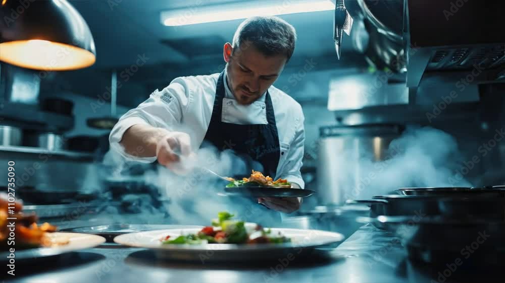 A chef is preparing food in a kitchen