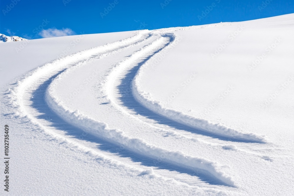 A close-up of ski tracks carving through fresh powder snow on the slopes of Bjelasnica A close-up of ski tracks carving through fresh powder snow on the slopes of Bjelasnica