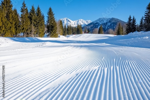 A close-up of ski tracks carving through fresh powder snow on the slopes of Bjelasnica