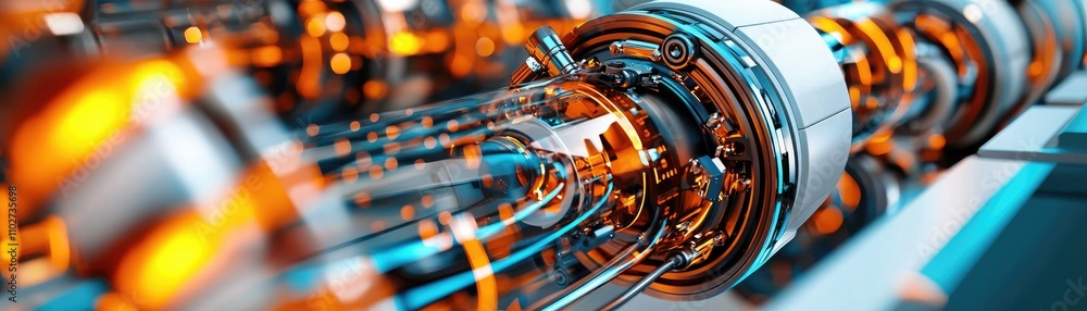 Fototapeta premium A close-up view of a futuristic machine component featuring glowing orange and blue elements, highlighting intricate details and advanced technology.