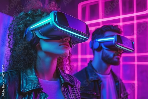 Couple Experiencing Virtual Reality in Neon Futuristic Setting with 80s Aesthetic