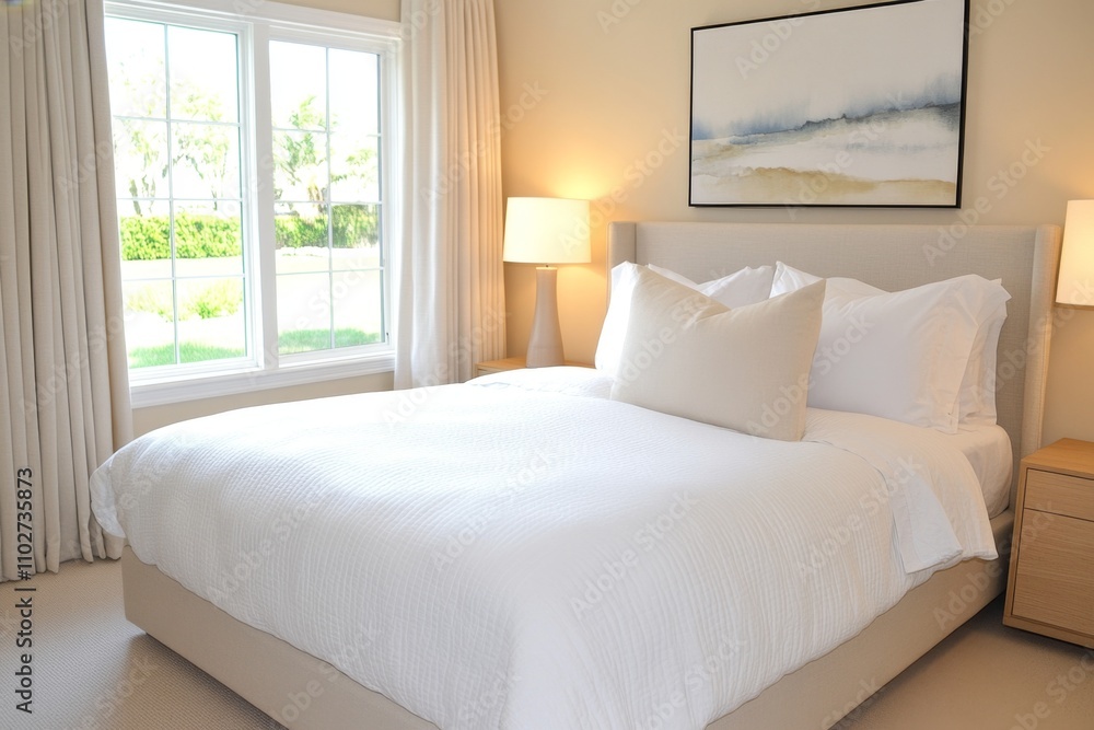 A cozy bedroom with soft lighting, a large bed covered in fluffy white linens, and a window overlooking a peaceful garden A cozy bedroom with soft lighting, a large bed covered in fluffy white linens, and a window overlooking a peaceful garden