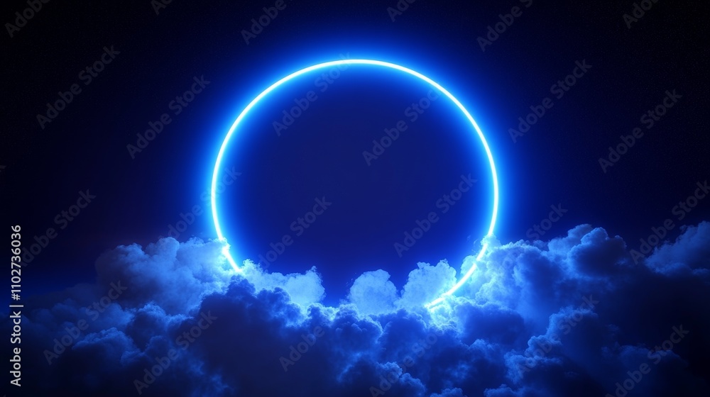 Futuristic Neon Ring with Mystical Cloud Over Night Sky Futuristic Neon Ring with Mystical Cloud Over Night Sky