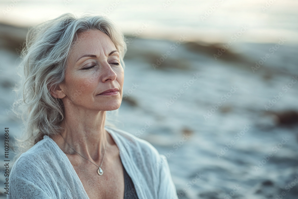 Middle-aged senior caucasian woman meditating in the beach, nature, wellbeing and healthy lifestyle, yoga lover. Middle-aged senior caucasian woman meditating in the beach, nature, wellbeing and healthy lifestyle, yoga lover.