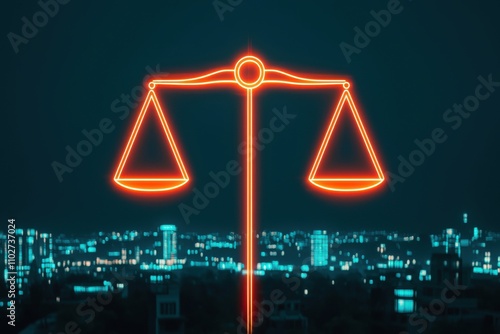 A glowing neon scale symbolizing justice stands against a city skyline at night, representing law and order. photo