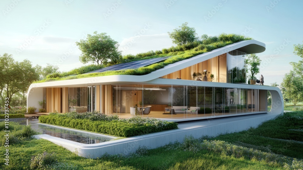 Modern eco-friendly house with a green roof and large glass windows in a natural setting. Modern eco-friendly house with a green roof and large glass windows in a natural setting.