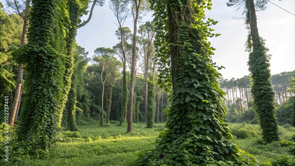 Fototapeta premium Lush greenery with vines and creepers snaking up tree trunks, rich verdant leaves, exotic vegetation, vines and creepers, lush greenery, tree trunks