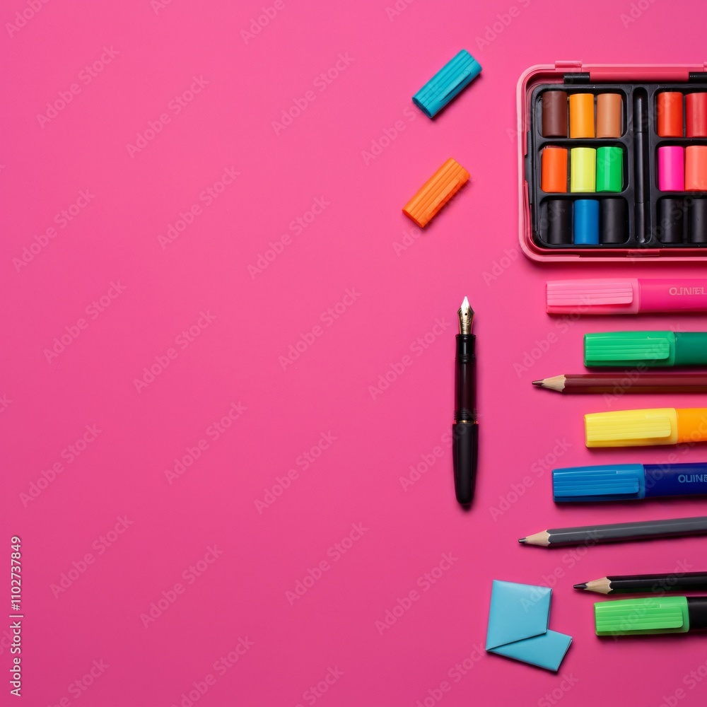 Flat lay of colorful stationery items on a bright pastel background Flat lay of colorful stationery items on a bright pastel background