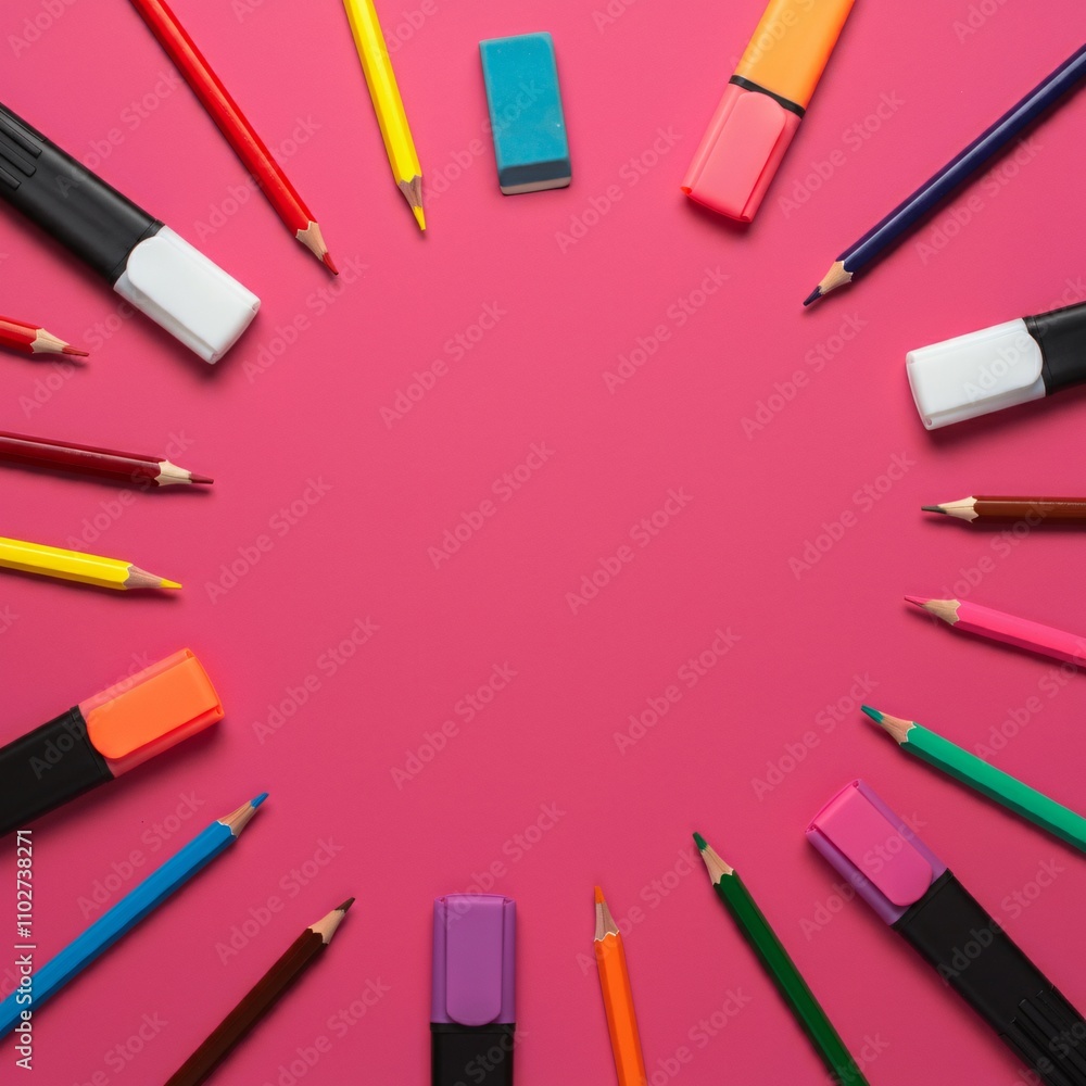 Flat lay of colorful stationery items on a bright pastel background Flat lay of colorful stationery items on a bright pastel background