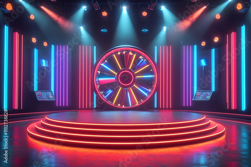 Game show stage with big spinning wheel and vibrant neon colors, 3d render. photo