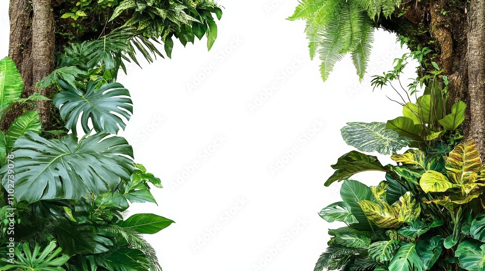 Tropical Jungle Scene with Monstera and Lush Green Foliage Isolated on White Background Tropical Jungle Scene with Monstera and Lush Green Foliage Isolated on White Background