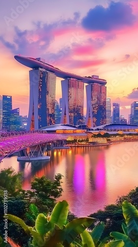 sunset of city skyline at business district marina bay sands hotel at night singapore