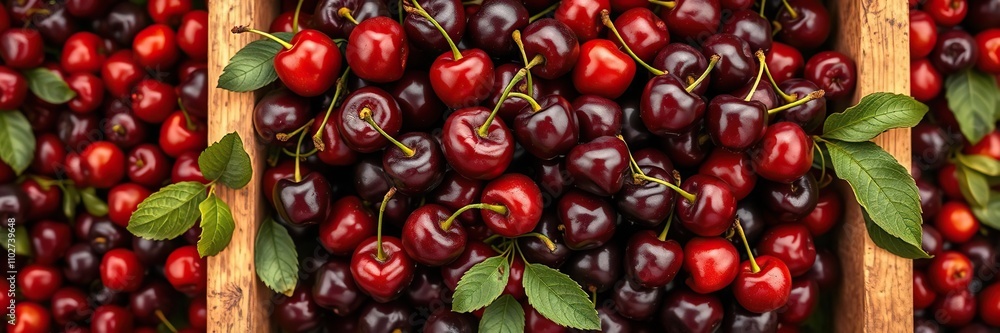 Overhead shot of an abundance of plump and luscious organic cherries piled high in a wooden crate against a bright cherry background, organic cherries, food photography, natural packaging Overhead shot of an abundance of plump and luscious organic cherries piled high in a wooden crate against a bright cherry background, organic cherries, food photography, natural packaging