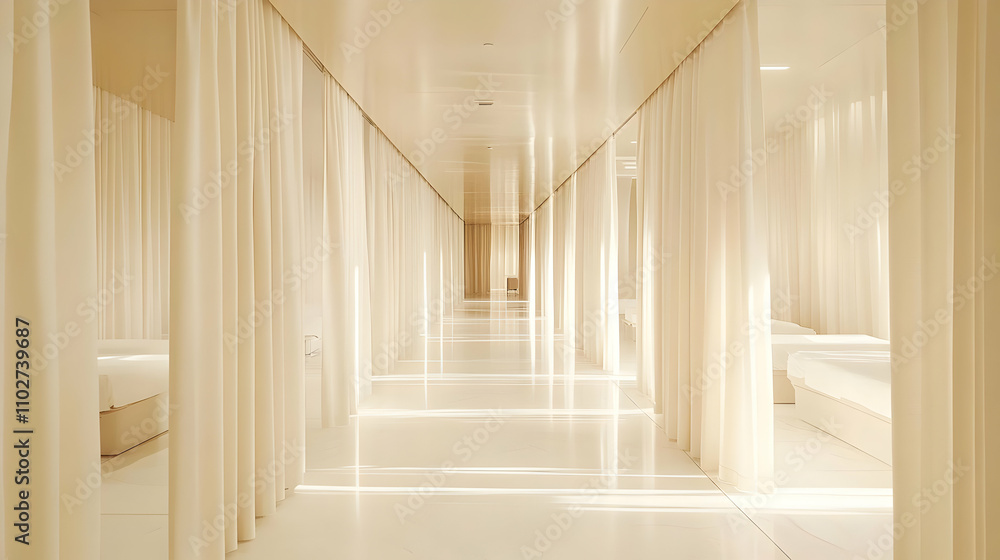 Fototapeta premium Serene Minimalist Interior Design, Light Beige Curtain Corridor