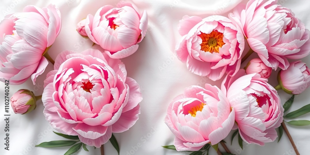 Pastel pink peonies on a white linen background with soft focus, peonies, white flowers Pastel pink peonies on a white linen background with soft focus, peonies, white flowers