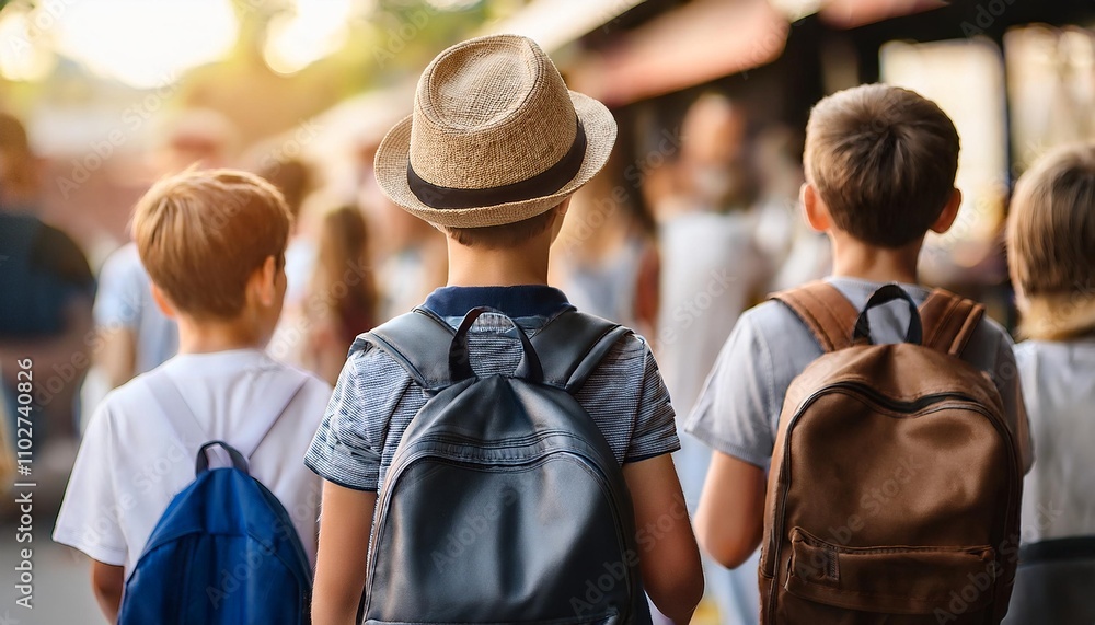 Back View of Hatted Boy with Friends Using a Backpack Going to Market. Back to School Consept. Back View of Hatted Boy with Friends Using a Backpack Going to Market. Back to School Consept.