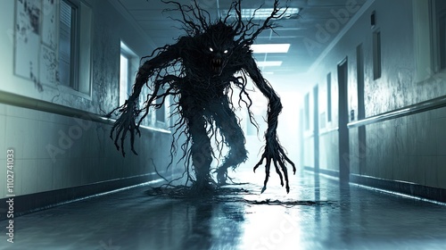 Full cinematic shot of a Cancer demon, a shadowy, hulking figure with sharp, tendrils growing uncontrollably from its body, spreading across 