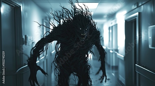 Full cinematic shot of a Cancer demon, a shadowy, hulking figure with sharp, tendrils growing uncontrollably from its body, spreading across 