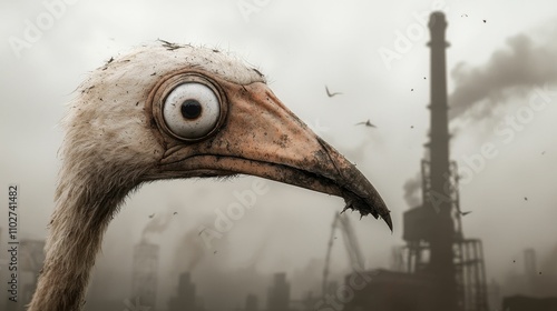 biodiversity loss species concept, A surreal image of a bird with a large eye, set against a smoky industrial backdrop, highlighting themes of pollution and environmental impact. photo