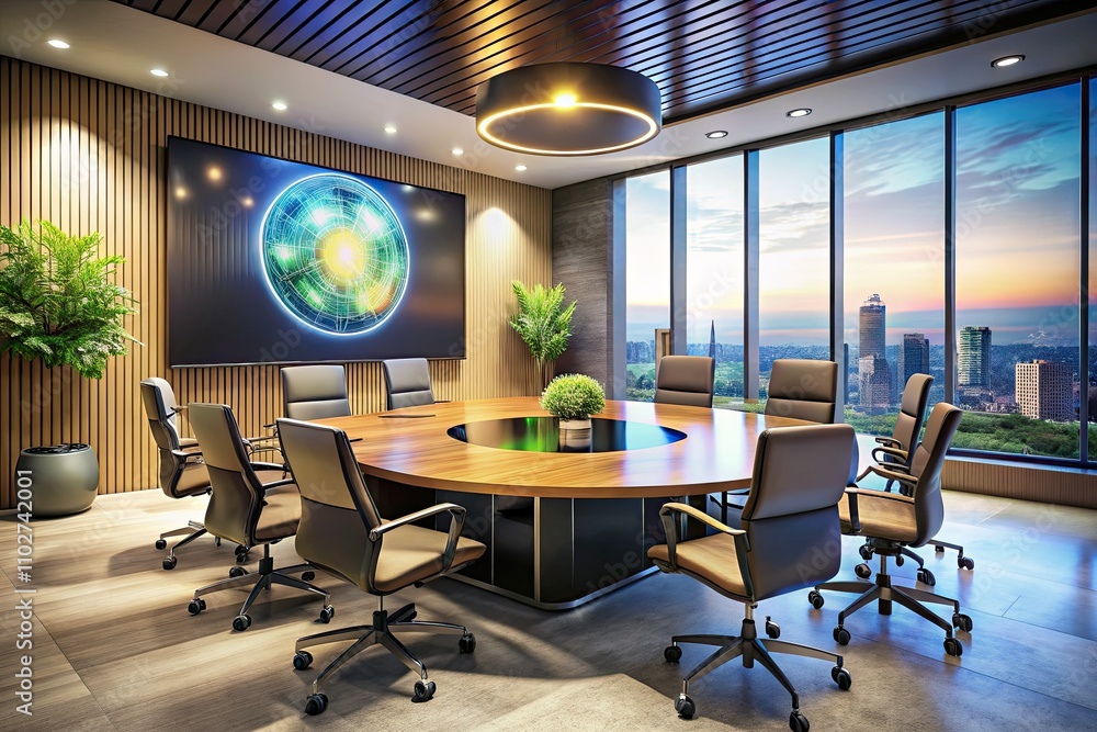 Modern Meeting Room Design: Large Round Table, Stylish Chairs, Marketing Strategy Display Modern Meeting Room Design: Large Round Table, Stylish Chairs, Marketing Strategy Display