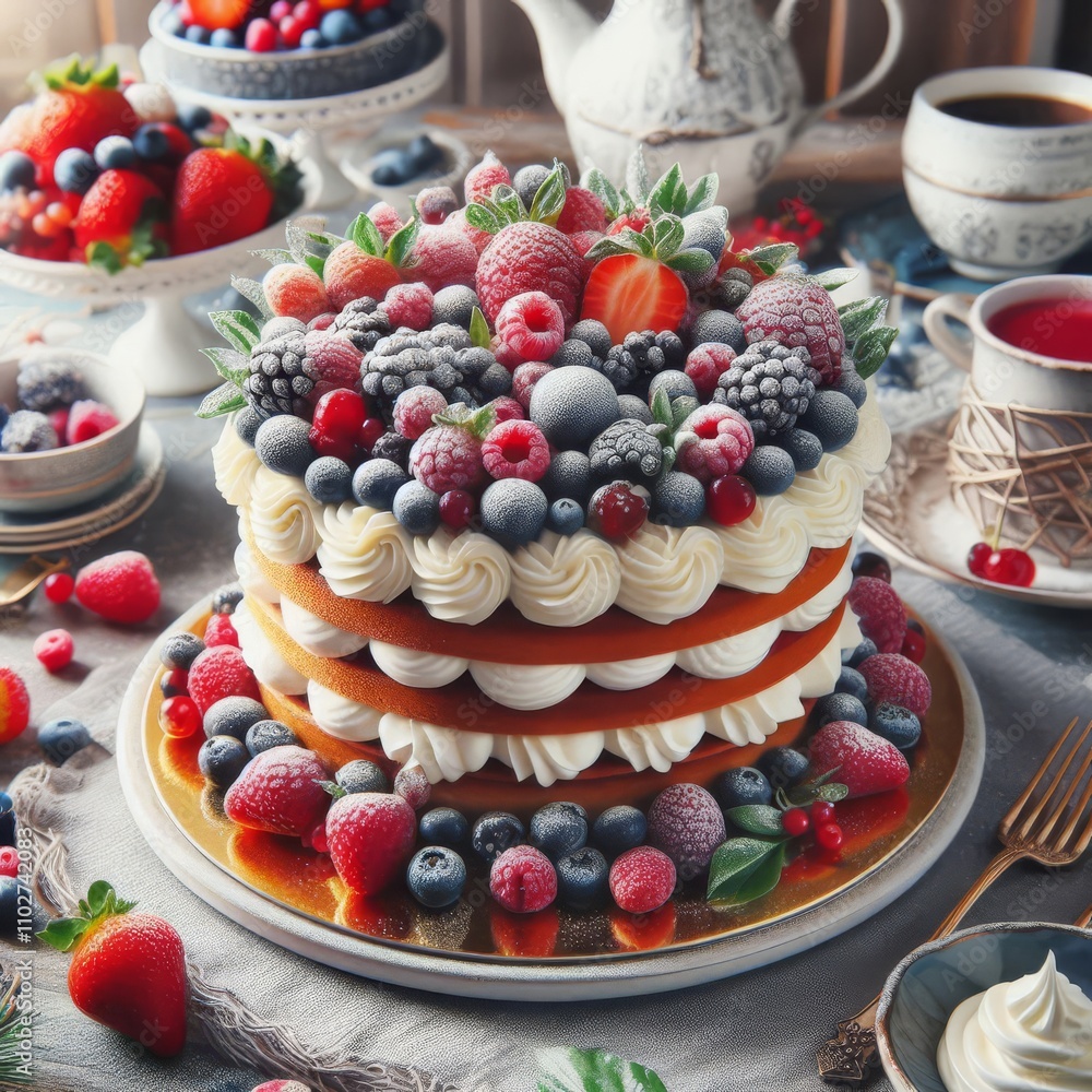 Beautiful cake with berries and cream on a festive table Beautiful cake with berries and cream on a festive table