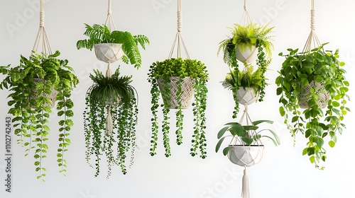 A stunning balcony garden featuring a variety of plants, including ferns and ivy, hanging in elegant white macramé pots on a white background