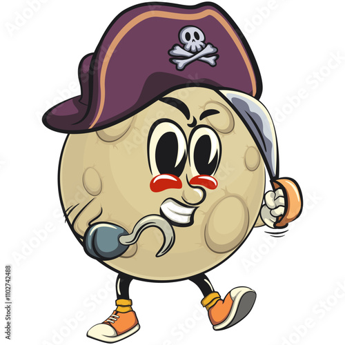 Moon mascot character illustration as pirate with dagger, cartoon mascot isolated, work of hand drawn