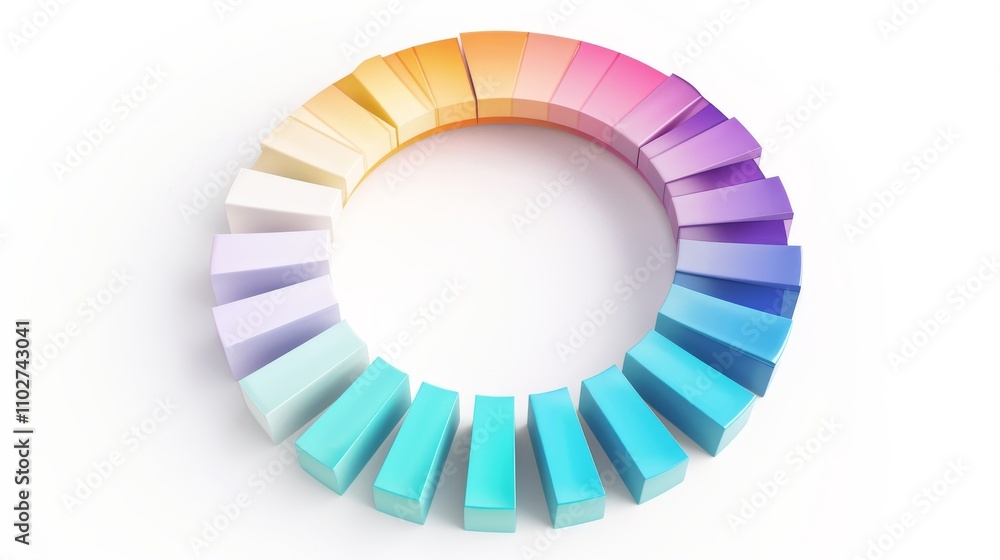 Obraz premium A vibrant circular 3D diagram featuring block-like segments in a gradient of colors. The clean, minimalist design makes it ideal for technology or data-focused visuals. AI generated.