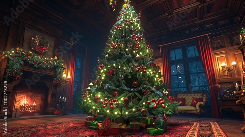 A grand, ornate Christmas tree adorned with ornaments sits in an elegant, festively decorated room.