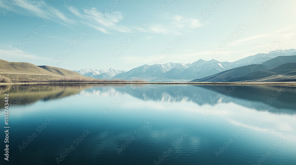 Calm lake reflects mountain landscape under clear sky in serene environment Calm lake reflects mountain landscape under clear sky in serene environment