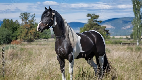 Majestic Black and White Horse in a Scenic Field